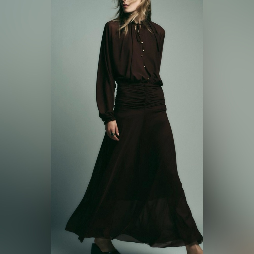 ZARA Dark Brown Long Sleeve Maxi Dress - Size Small